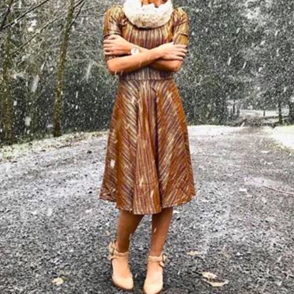 Elegant Lularoe Nicole fit and flare brown & gold dress